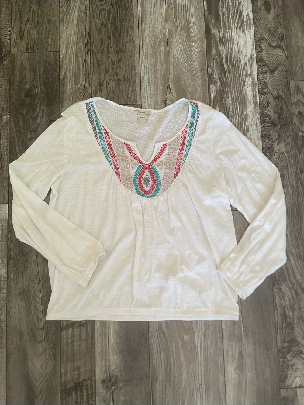 Ariat Country/Boho style White Long-Sleeve Women's Top with Embroidered Necklin